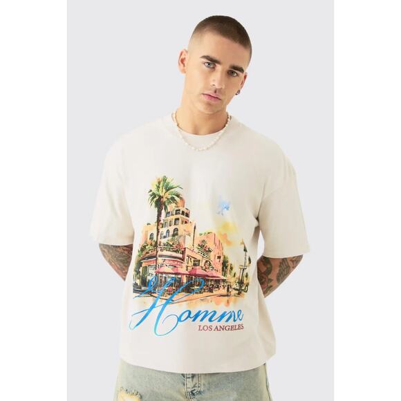 Boohoo Man Oversized Boxy Homme Landscape Print Wash T-shirt Size Large - Picture 1 of 6